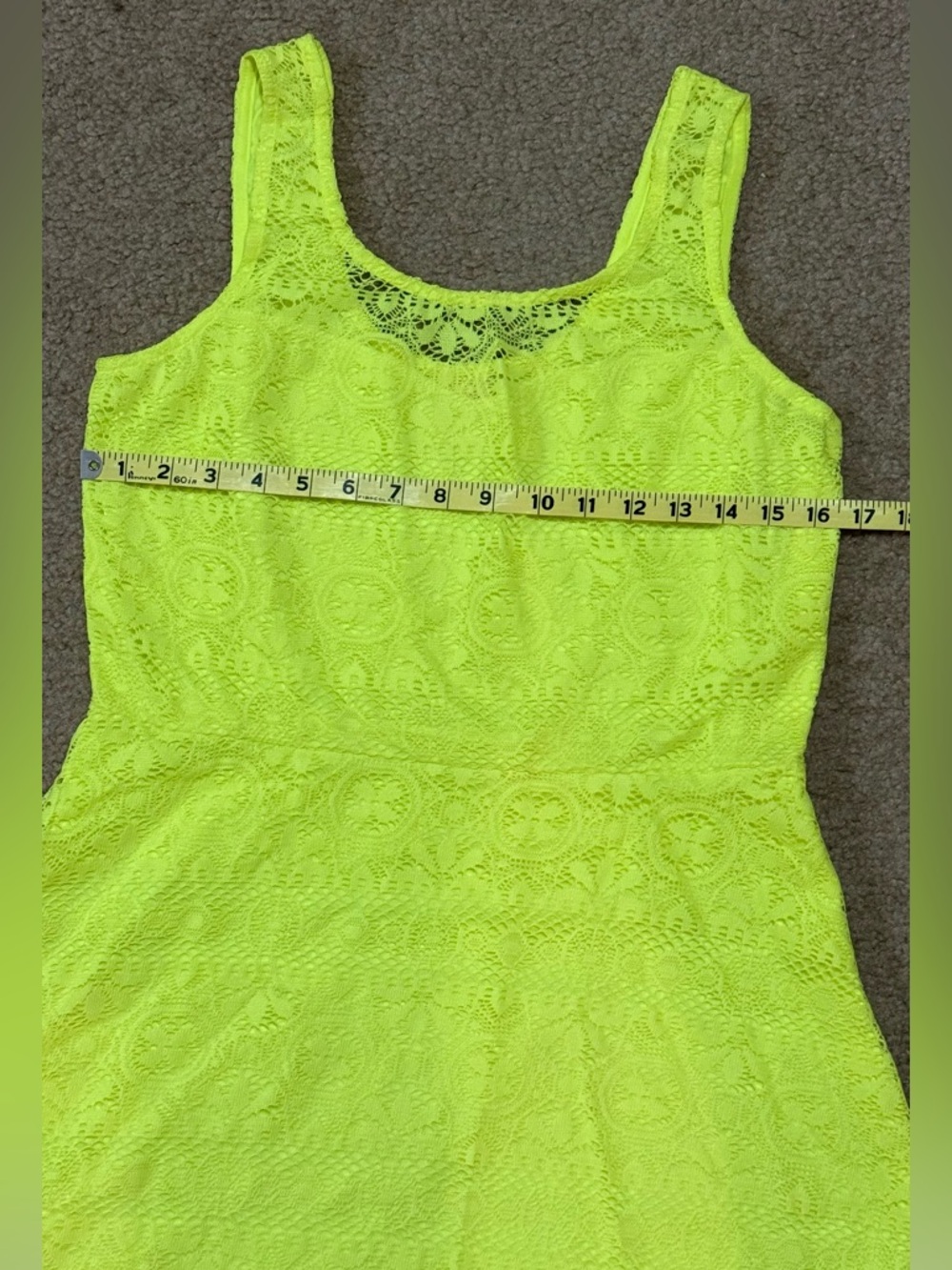 Self Esteem NEON YELLOW Floral Lace Fit & Flare Skater Dress Size Large - Picture 4 of 10